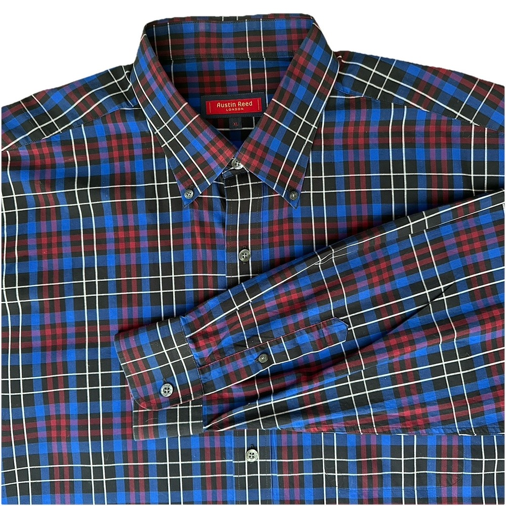 Austin Reed London Oxford Men's Shirt Size XL Blue Red Plaid Long Sleeve‎ EUC